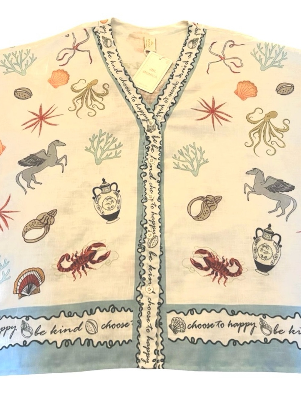 JBL Monica Made In Italy Sea Life Button-Down Relaxed Linen Blend Top in White